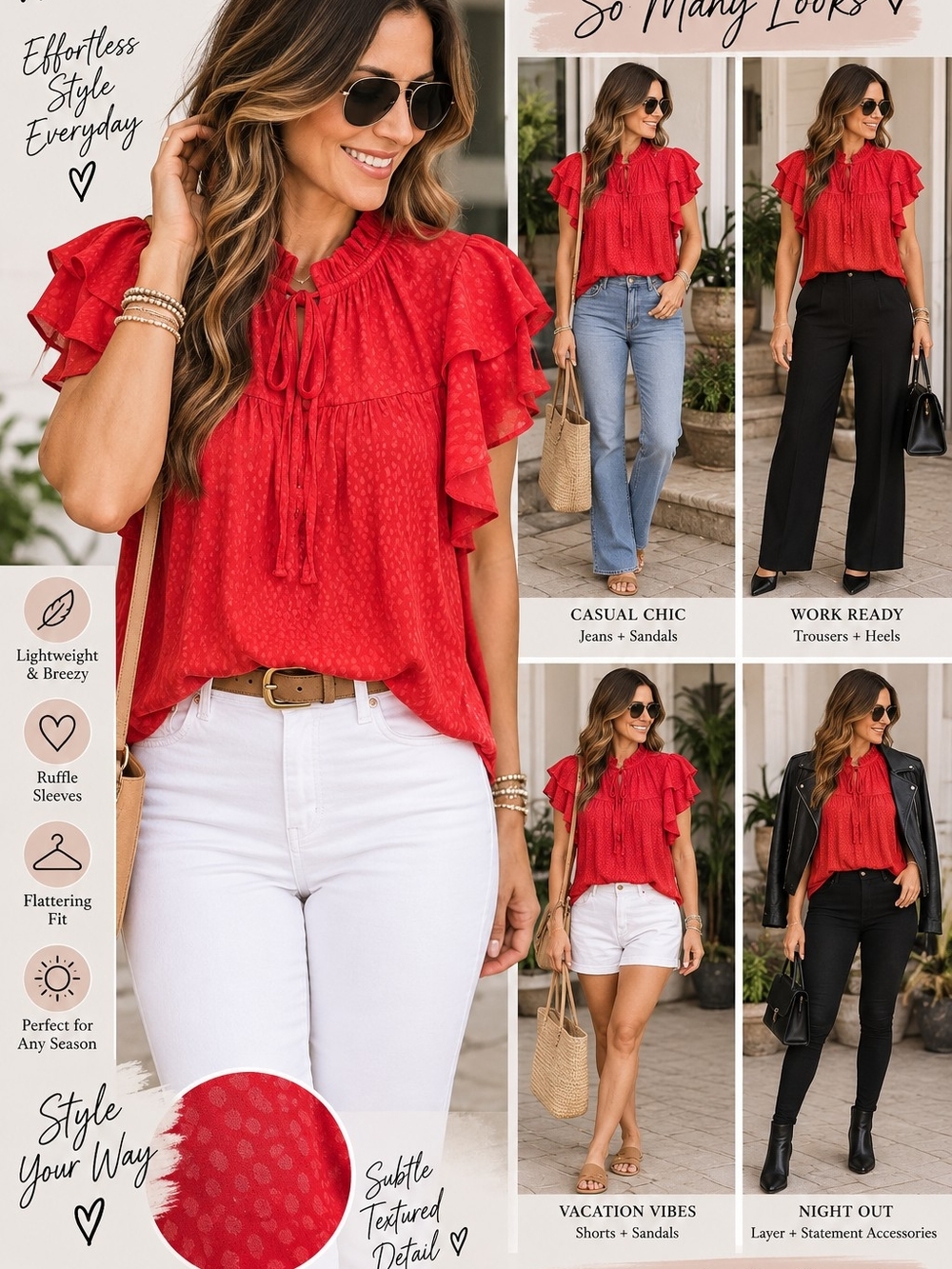 Womenβs Red Ruffle Sleeve Blouse - Elegant Everyday Top